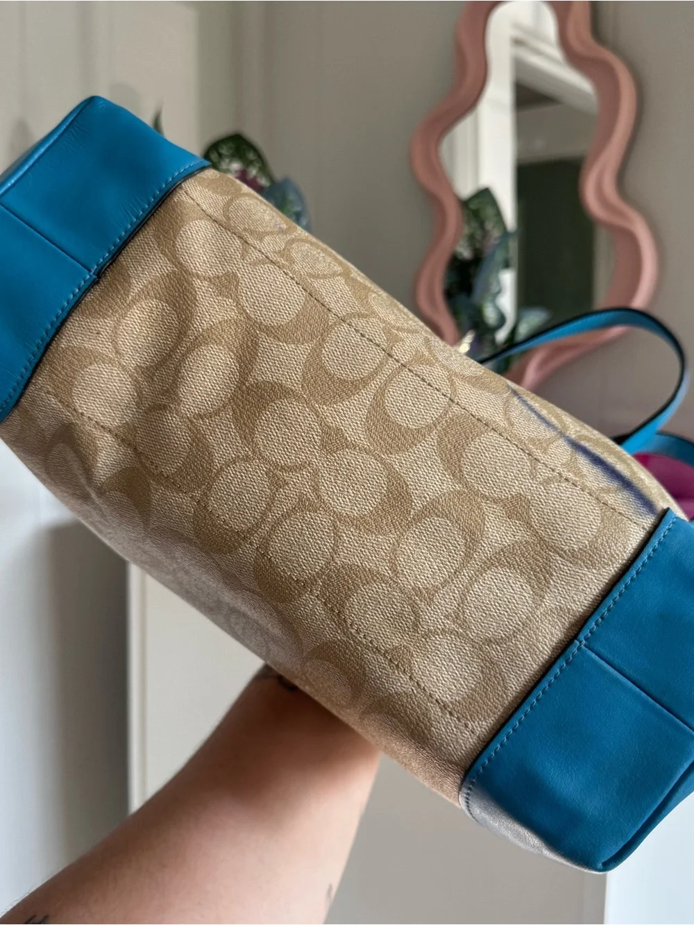 Coach Beige Signature Tote with Bright Blue Leather Trim and Matching Wallet